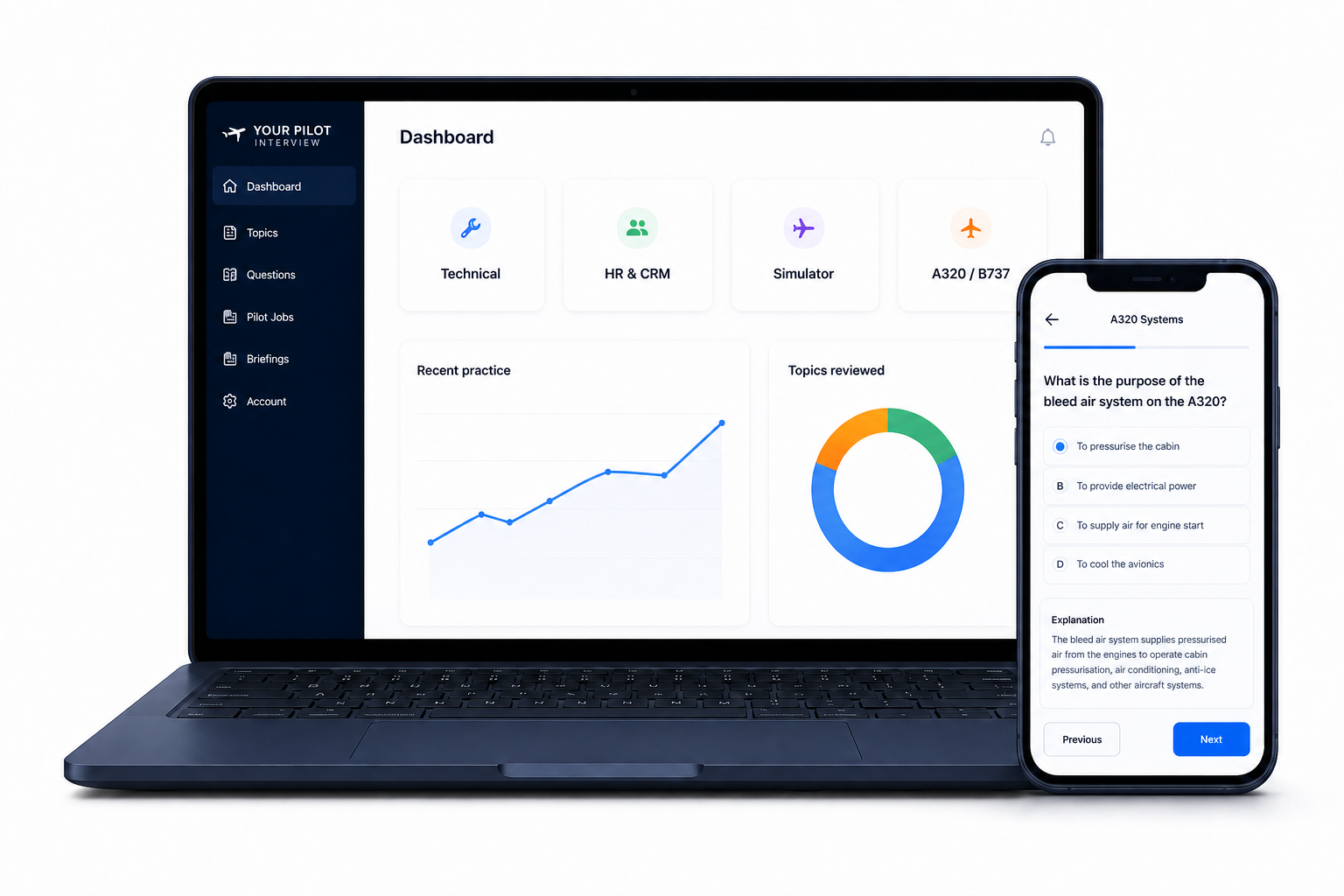 Your Pilot Interview question library shown on a laptop and phone
