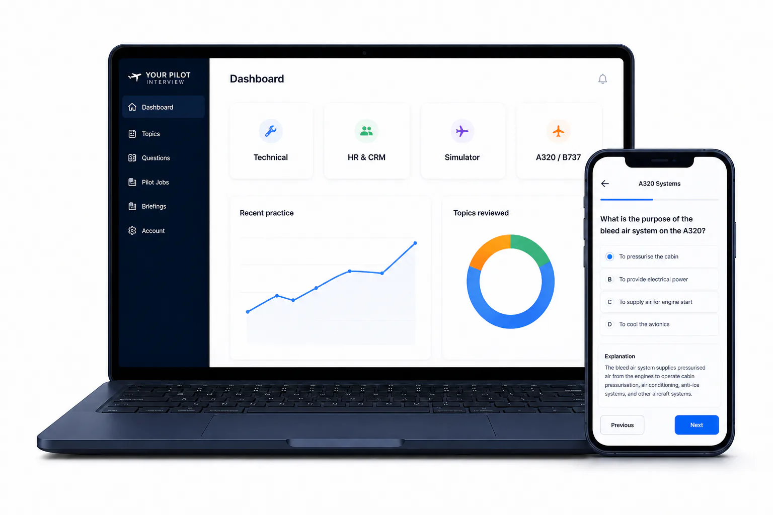 Your Pilot Interview question library shown on a laptop and phone