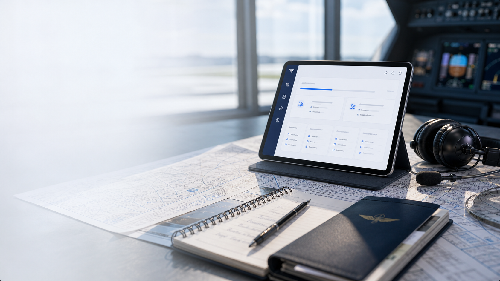 Pilot interview preparation workspace with tablet, headset, notebook, and flight charts